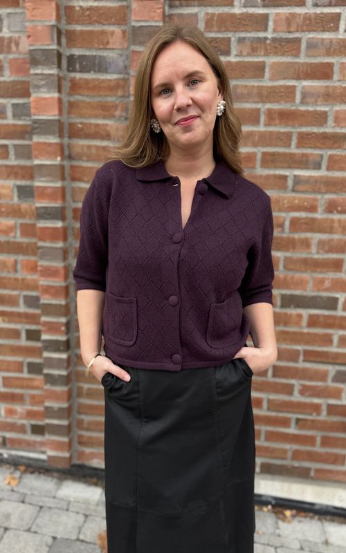 Davida Collar Short Jacket Square Knit Dark Plum